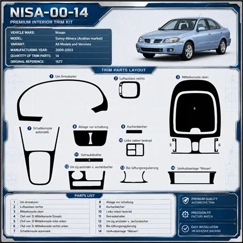 Nissan Sunny-Almera Arabian 2000-2003 kit rivestimento cruscotto e interni 3D 14 pezzi