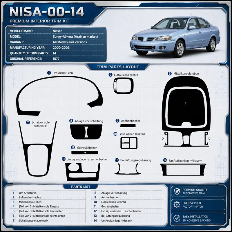 Nissan Sunny-Almera Arabian 2000-2003 kit rivestimento cruscotto e interni 3D 14 pezzi