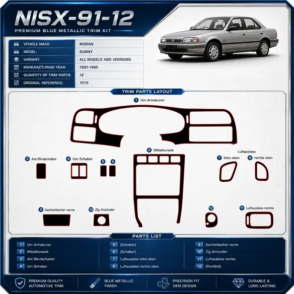 Nissan Sunny 1991-1995 kit rivestimento cruscotto e interni 3D 12 pezzi