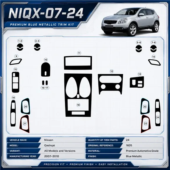 Nissan Qashqai 2007-2010 kit rivestimento cruscotto e interni 3D 24 pezzi
