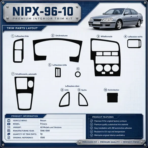 Nissan Primera 1996-1999 kit rivestimento cruscotto e interni 3D 10 pezzi