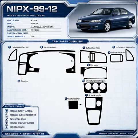 Nissan Primera 1999-2002 kit rivestimento cruscotto e interni 3D 12 pezzi