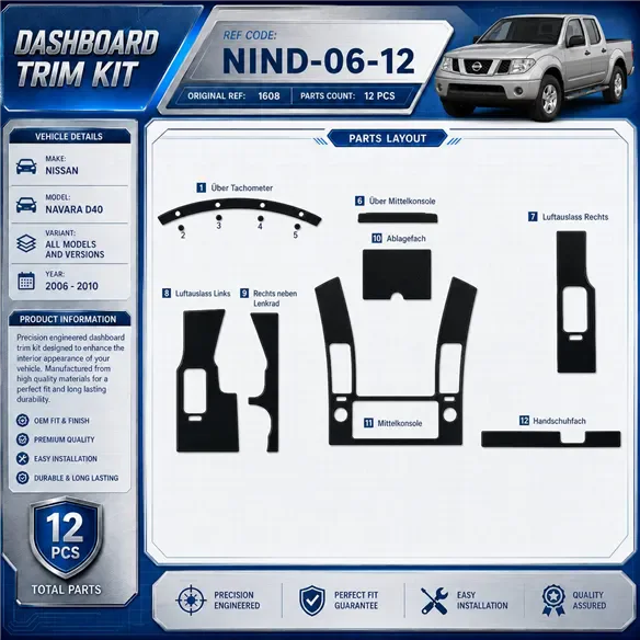 Nissan Navara D40 2006-2010 kit rivestimento cruscotto e interni 3D 12 pezzi