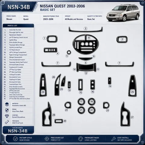 Nissan Quest 2003-2006 Basic Set kit rivestimento cruscotto e interni 3D