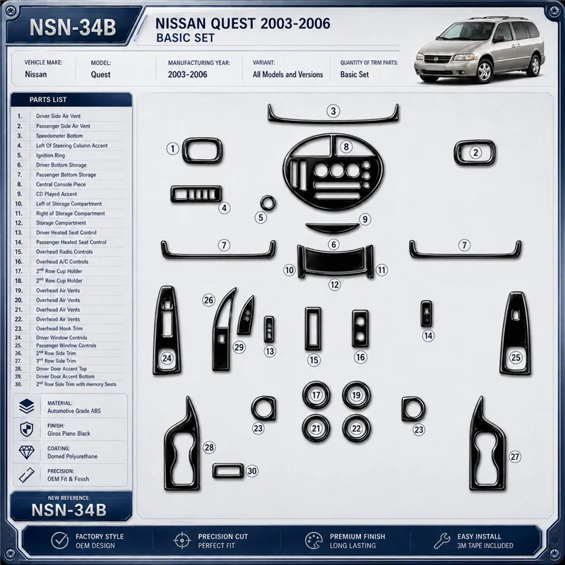 Nissan Quest 2003-2006 Basic Set kit rivestimento cruscotto e interni 3D