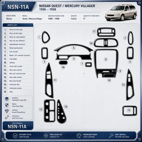 Nissan Quest 1996-1998 set completo kit rivestimento cruscotto e interni 3D 17 pezzi