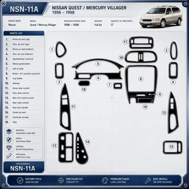 Nissan Quest 1996-1998 set completo kit rivestimento cruscotto e interni 3D 17 pezzi