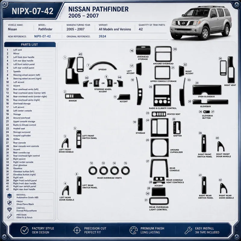 Nissan Pathfinder 2005-2007 kit rivestimento cruscotto e interni 3D 42 pezzi