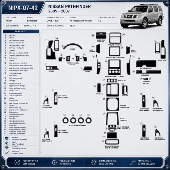 Nissan Pathfinder 2005-2007 kit rivestimento cruscotto e interni 3D 42 pezzi