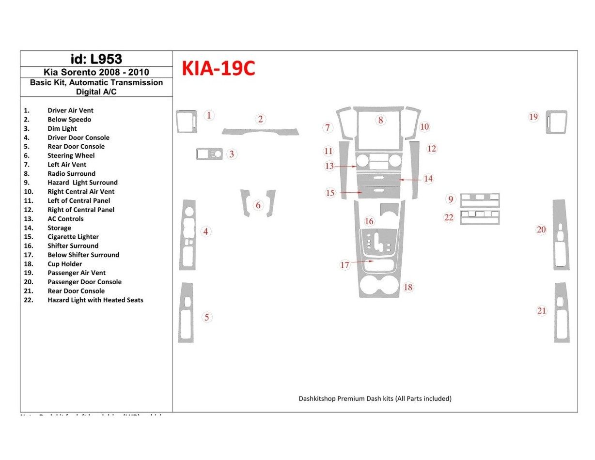 KIA Sorento 2008-2010 Basic Set, Automatic Gear, Without Heated Seats Cruscotto BD Rivestimenti interni
