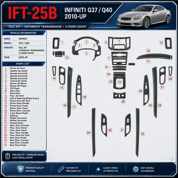 Infiniti G37 2010-in poi 2-Door Coupe; cambio automatico,navigatore kit rivestimento cruscotto e interni 3D