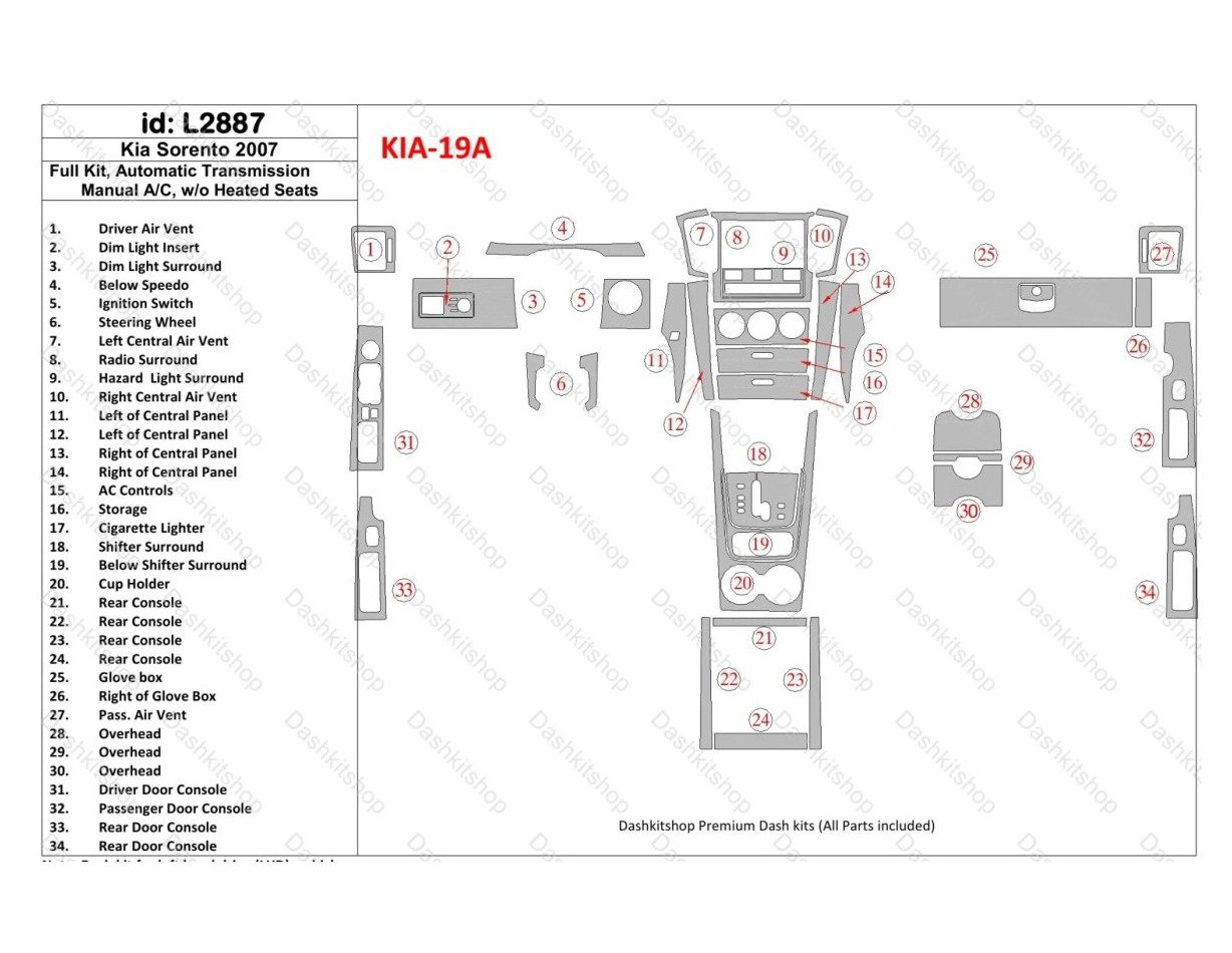 KIA Sorento 2008-2010 Ful Kit, Automatic Gear, Without Heated Seats Cruscotto BD Rivestimenti interni