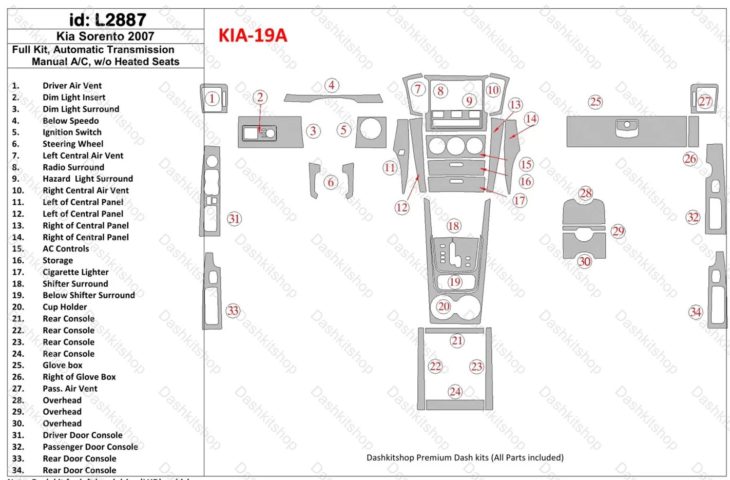 KIA Sorento 2008-2010 Ful Kit, Automatic Gear, Without Heated Seats Cruscotto BD Rivestimenti interni