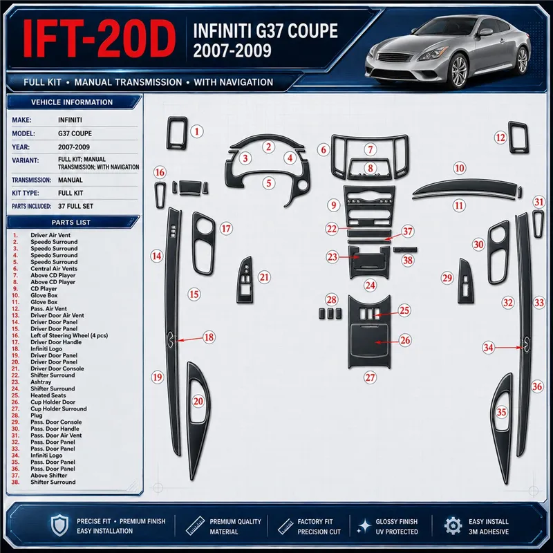 Infiniti G37 2007-2009 set completo; cambio manuale; con navigatore kit rivestimento cruscotto e interni 3D