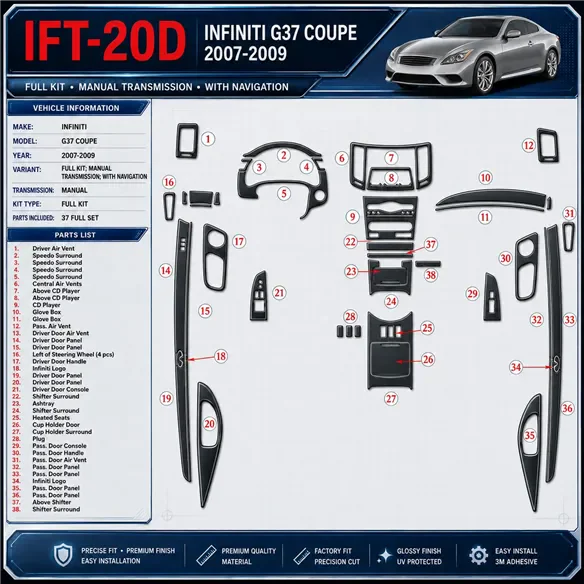 Infiniti G37 2007-2009 set completo; cambio manuale; con navigatore kit rivestimento cruscotto e interni 3D