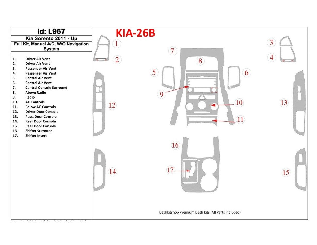 KIA Sorento 2011-UP Full Set, Manual Gearbox AC, W/O Navigation system Cruscotto BD Rivestimenti interni