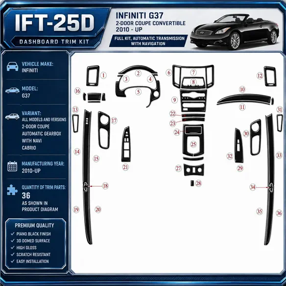 Infiniti G37 2010-in poi 2-Door Coupe; cambio automatico; con navigatore; Cabrio kit rivestimento cruscotto e interni 3D