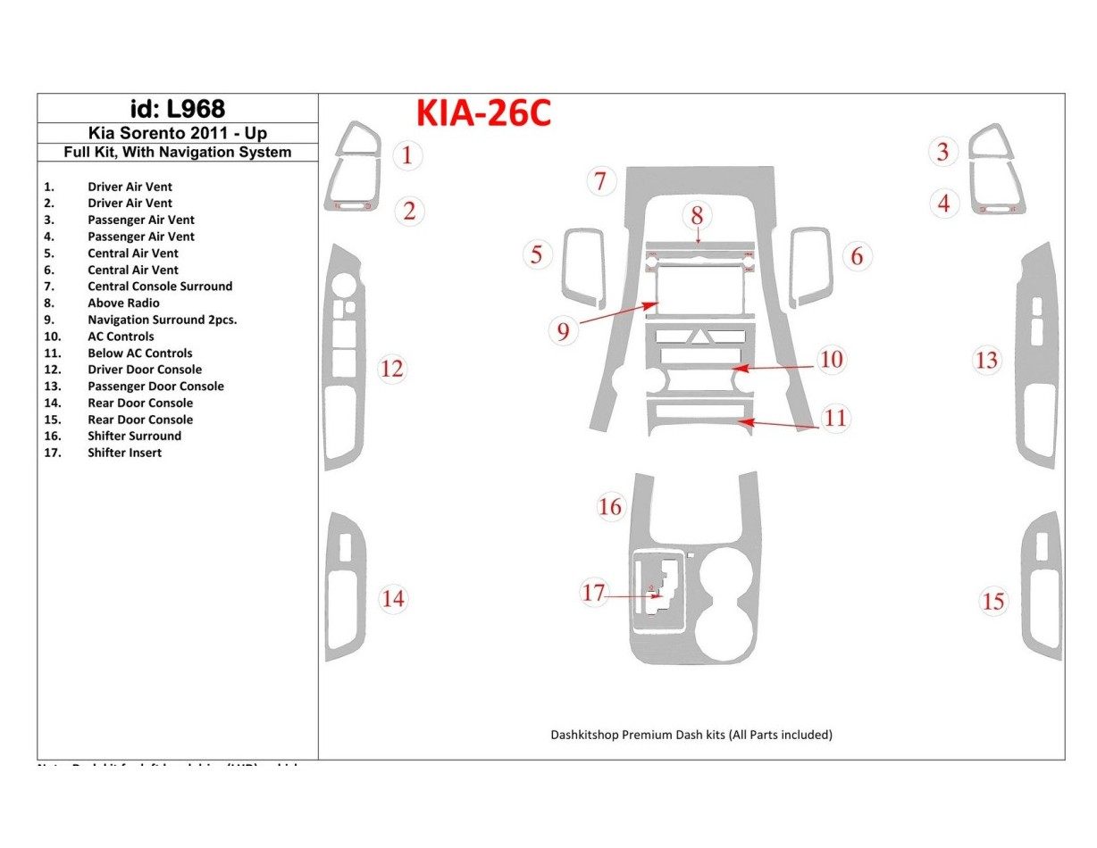 KIA Sorento 2011-UP Full Set, With NAVI system Cruscotto BD Rivestimenti interni