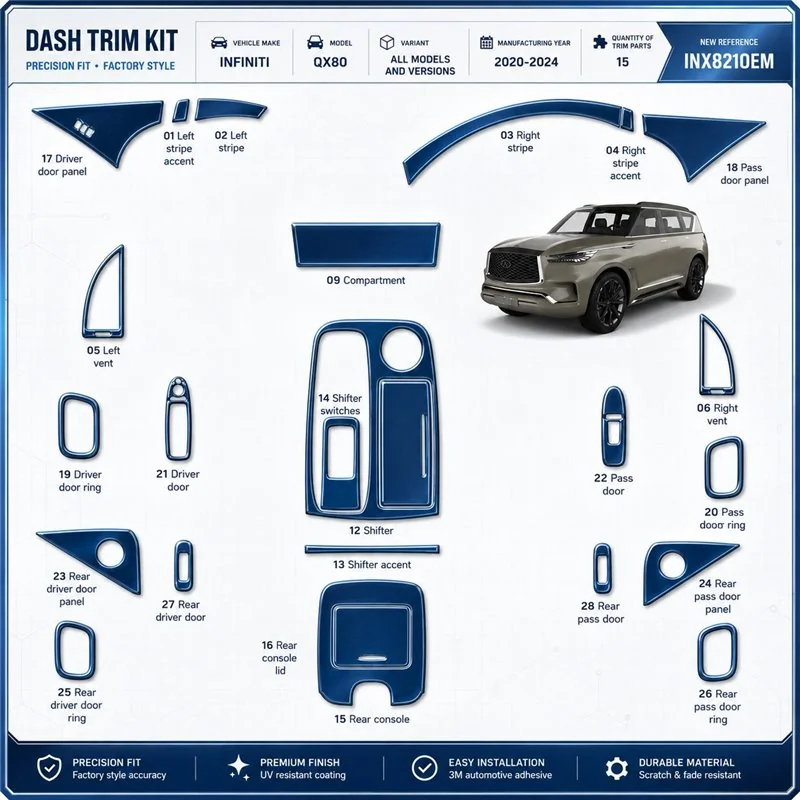 Infiniti QX80 2020-2024 kit rivestimento cruscotto e interni 3D 15 pezzi