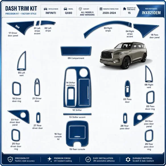 Infiniti QX80 2020-2024 kit rivestimento cruscotto e interni 3D 15 pezzi