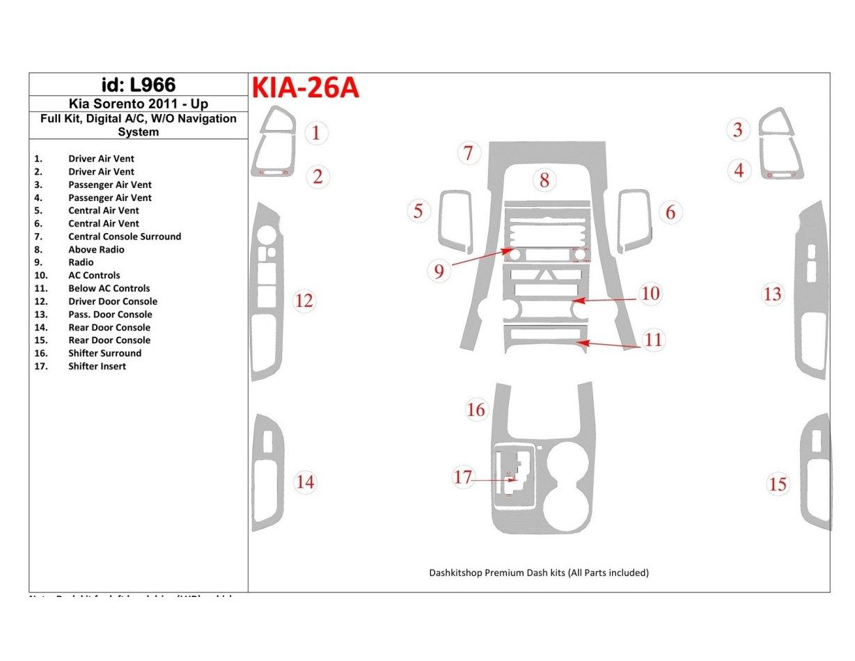 KIA Sorento 2011-UP Full Set, Without NAVI system Cruscotto BD Rivestimenti interni