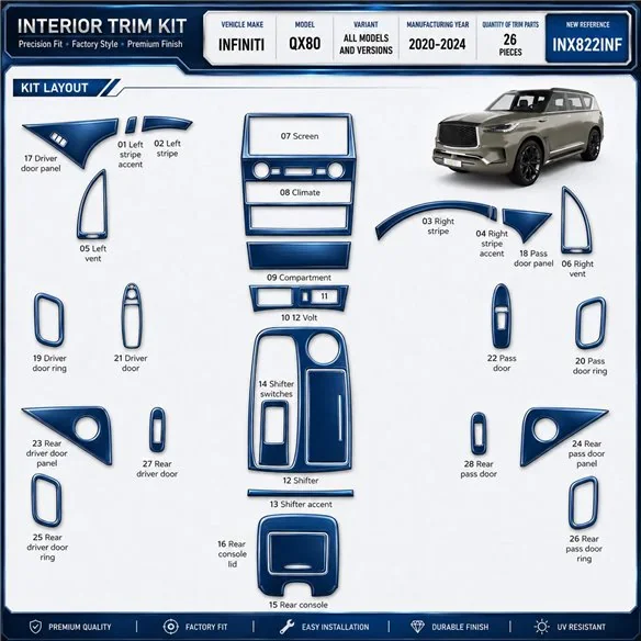 Infiniti QX80 2020-2024 kit rivestimento cruscotto e interni 3D 26 pezzi