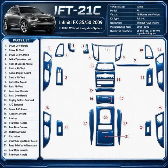 Infiniti FX 2009-2009 set completo; senza sistema di navigazione kit rivestimento cruscotto e interni 3D