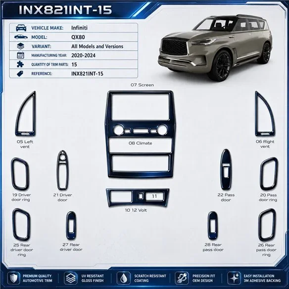 Infiniti QX80 2020-2024 kit rivestimento cruscotto e interni 3D 15 pezzi