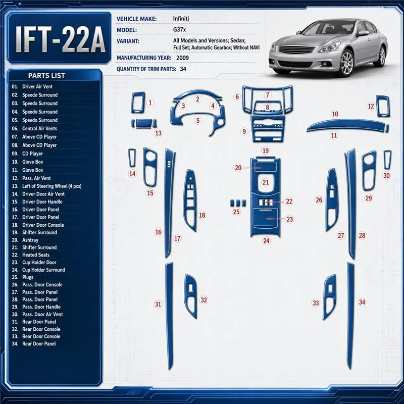 Infiniti G37x 2009-2009 Sedan; set completo; cambio automatico; senza navigatore kit rivestimento cruscotto e interni 3D