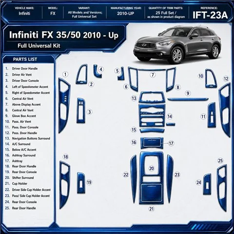 Infiniti FX 2010-in poi Full Universal Set kit rivestimento cruscotto e interni 3D