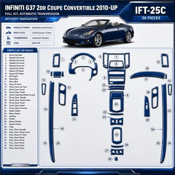Infiniti G37 2010-in poi 2-Door Coupe; cambio automatico; senza navigatore; Cabrio kit rivestimento cruscotto e interni 3D