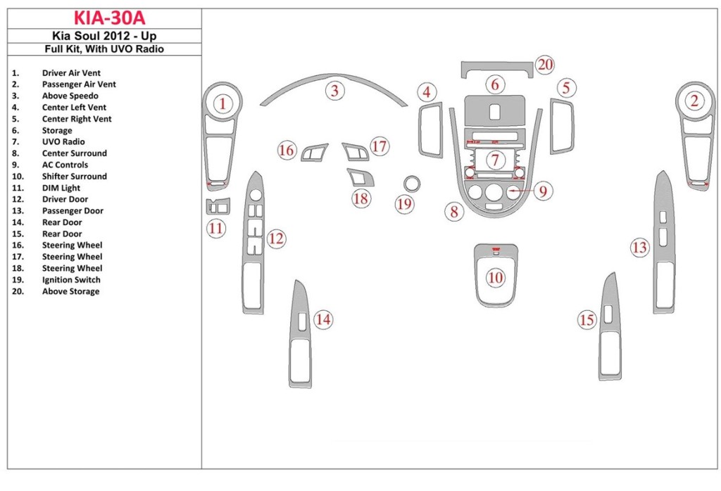Kia Soul 2012-UP Full Set With UVO Radio Cruscotto BD Rivestimenti interni Kia Soul 2012-UP Full Set With UVO Radio Cruscotto BD Rivestimenti interni