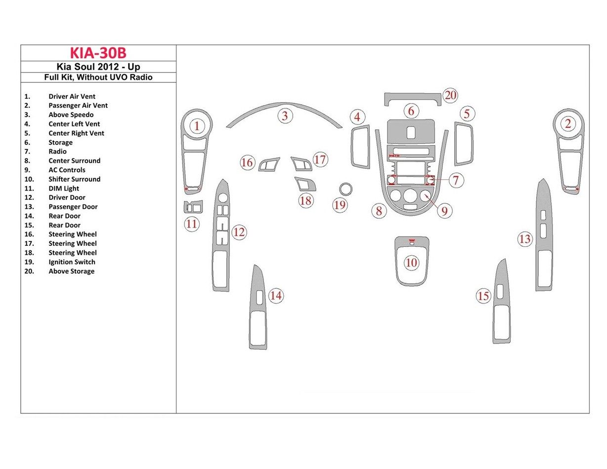 Kia Soul 2012-UP Full Set Without UVO Radio Cruscotto BD Rivestimenti interni