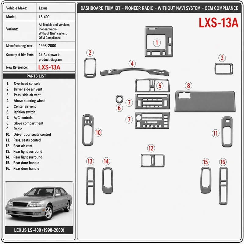 Lexus LS-400 1998-2000 Pioneer Radio; senza sistema di navigazione; OEM Compliance kit rivestimento cruscotto e interni 3D