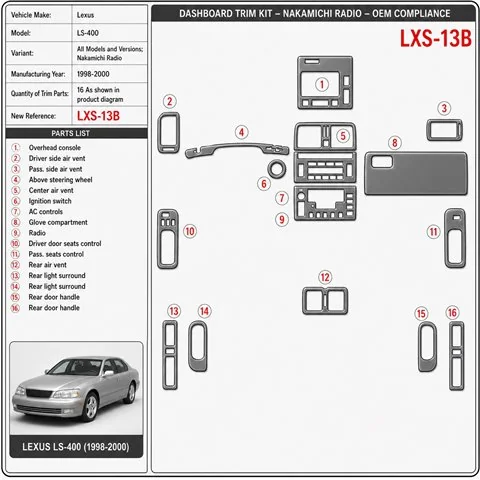 Lexus LS-400 1998-2000 Nakamichi Radio kit rivestimento cruscotto e interni 3D