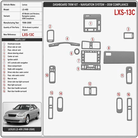 Lexus LS-400 1998-2000 sistema di navigazione; OEM Compliance kit rivestimento cruscotto e interni 3D