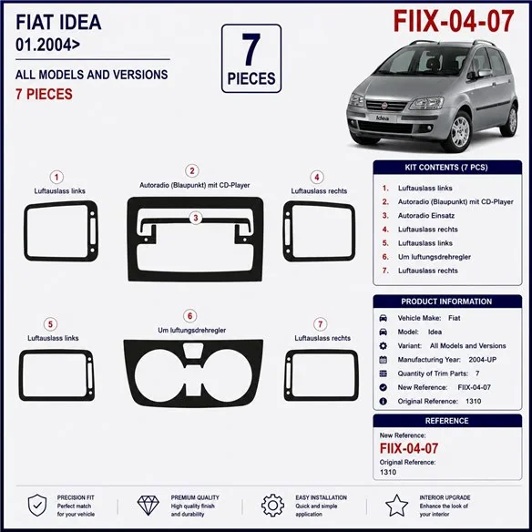 Fiat Idea 2004+ kit cruscotto 3D, 7 pezzi