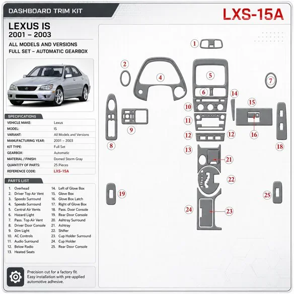 Lexus IS 2001-2003 set completo; cambio automatico kit rivestimento cruscotto e interni 3D
