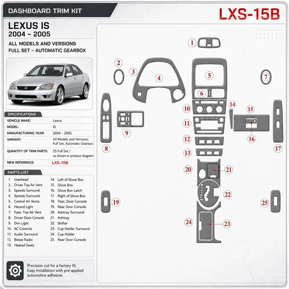 Lexus IS 2004-2005 set completo; cambio automatico kit rivestimento cruscotto e interni 3D
