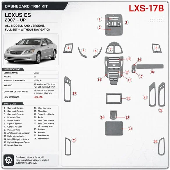 Lexus ES 2007-in poi set completo; senza navigatore kit rivestimento cruscotto e interni 3D