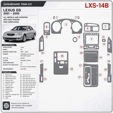 Lexus GS 2001-2005 con sistema di navigazione; OEM Compliance kit rivestimento cruscotto e interni 3D