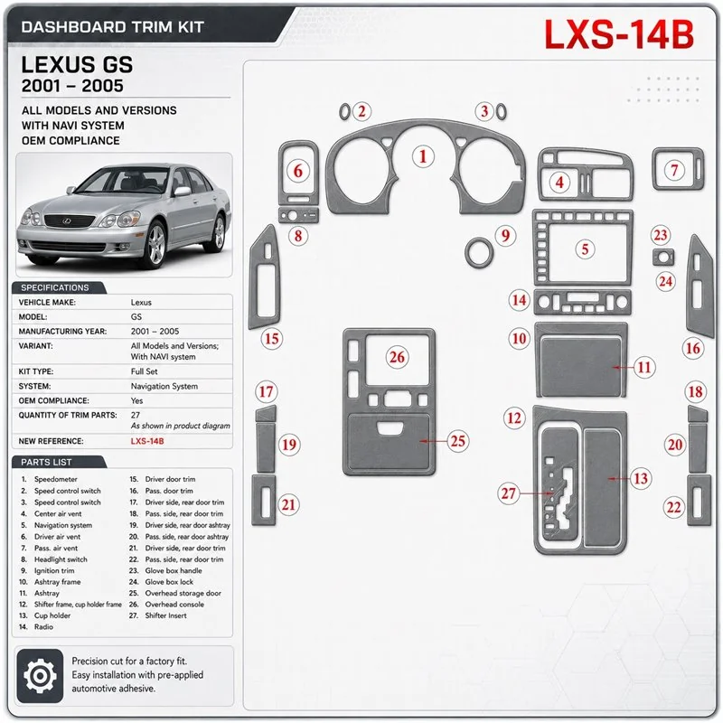 Lexus GS 2001-2005 con sistema di navigazione; OEM Compliance kit rivestimento cruscotto e interni 3D