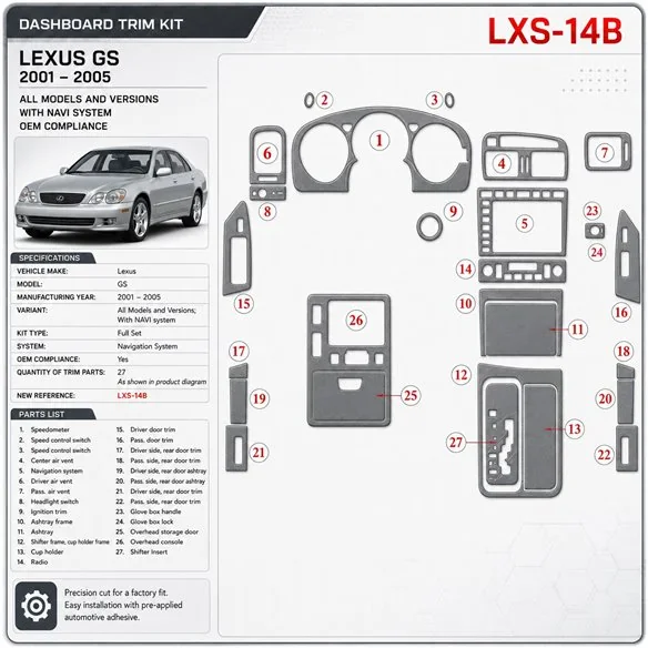 Lexus GS 2001-2005 con sistema di navigazione; OEM Compliance kit rivestimento cruscotto e interni 3D