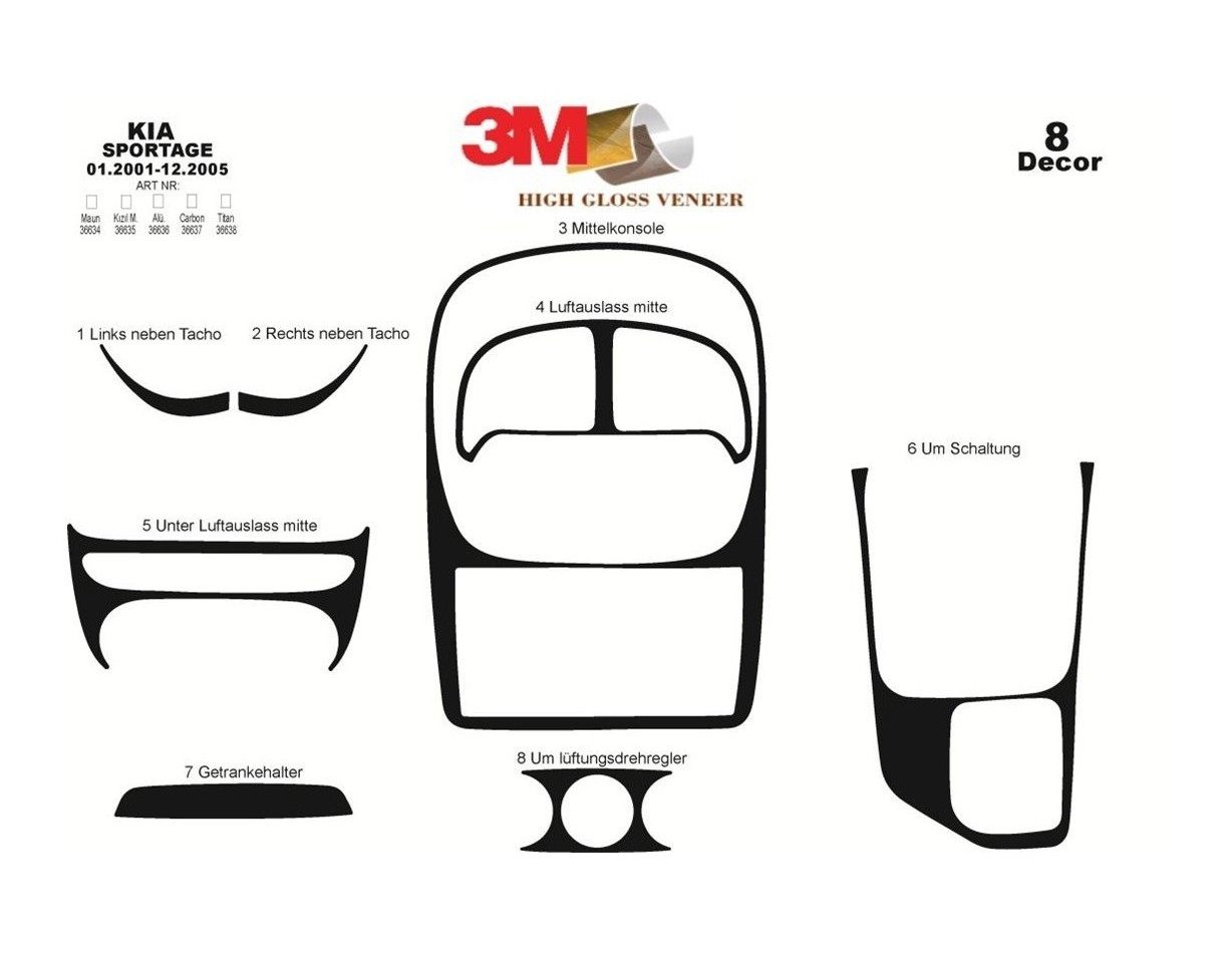 Kia Sportage 01.01 - 12.05 Kit Rivestimento Cruscotto all'interno del veicolo Cruscotti personalizzati 8-Decori