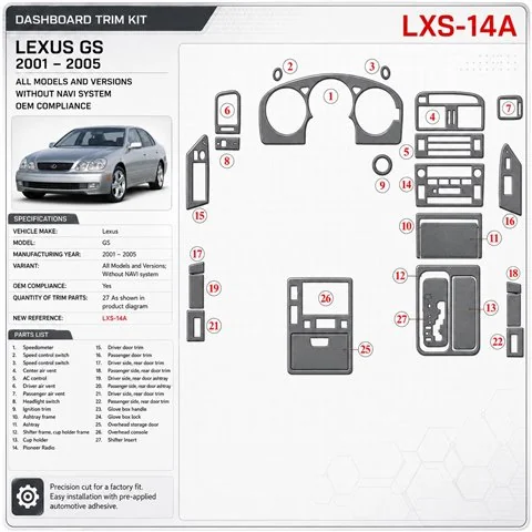 Lexus GS 2001-2005 senza sistema di navigazione; OEM Compliance kit rivestimento cruscotto e interni 3D