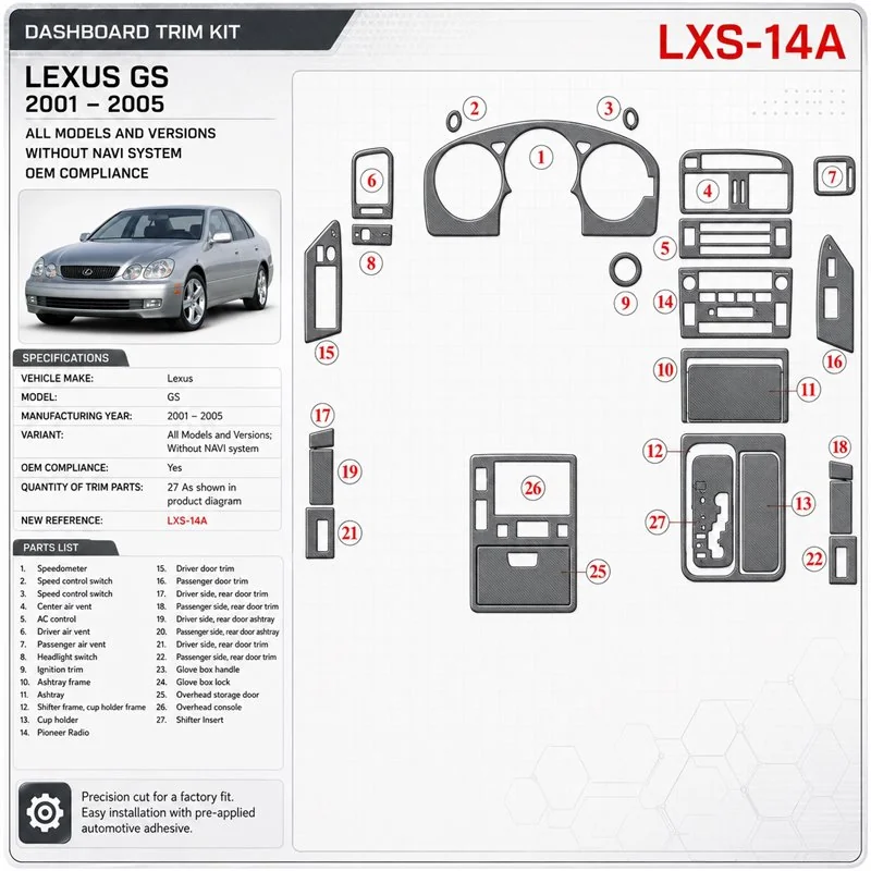 Lexus GS 2001-2005 senza sistema di navigazione; OEM Compliance kit rivestimento cruscotto e interni 3D