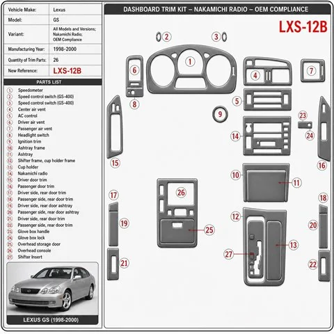 Lexus GS 1998-2000 Nakamichi Radio; OEM Compliance kit rivestimento cruscotto e interni 3D 26 pezzi
