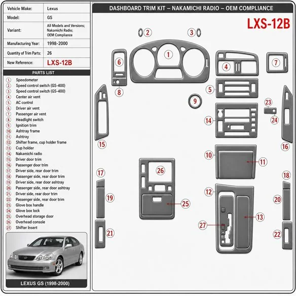 Lexus GS 1998-2000 Nakamichi Radio; OEM Compliance kit rivestimento cruscotto e interni 3D 26 pezzi