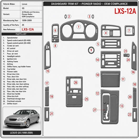 Lexus GS 1998-2000 Pioneer Radio; OEM Compliance kit rivestimento cruscotto e interni 3D 26 pezzi