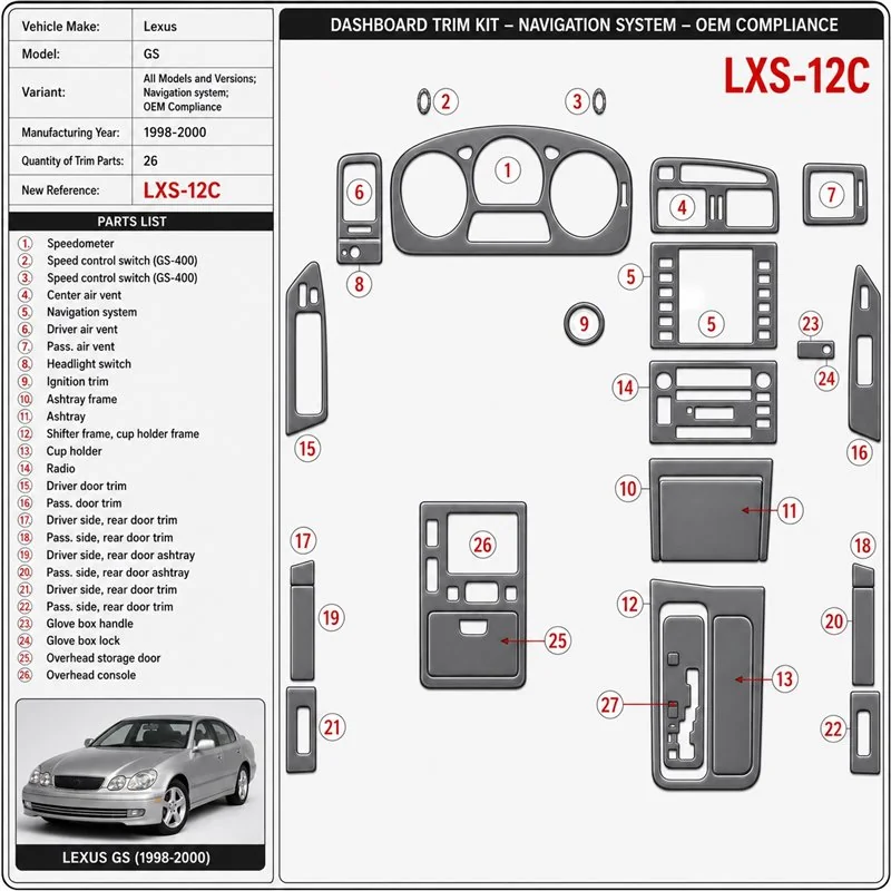 Lexus GS 1998-2000 sistema di navigazione; OEM Compliance kit rivestimento cruscotto e interni 3D 26 pezzi